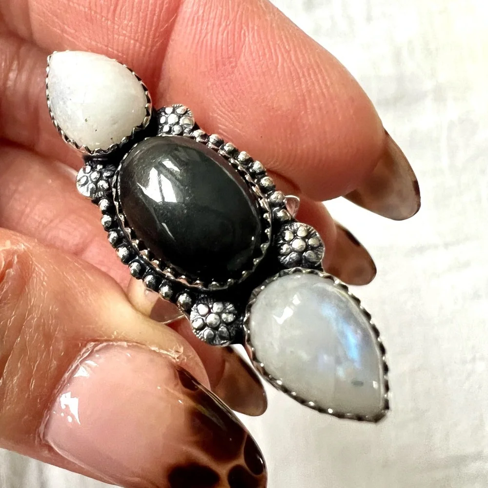 925 Peace + Protection Rainbow Flash Moonstone + Obsidian Ring Sz 8.25